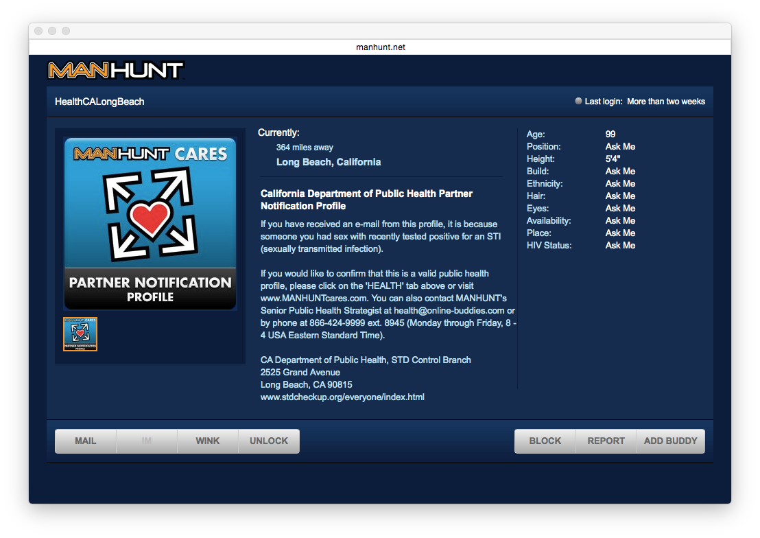 Example from Manhunt.com, California Department of Public Health