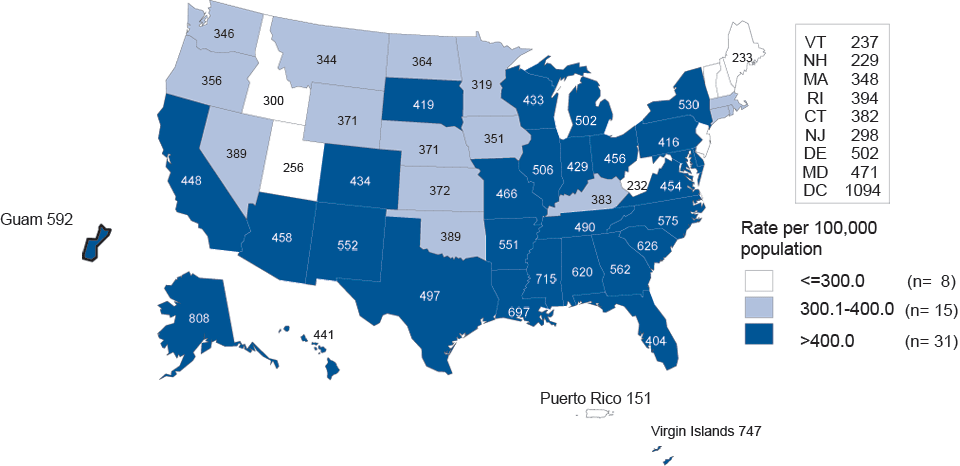 Figure 10. Chlamydia—Median State-specific Positivity Rates Among Women Aged 15–24 Years Tested in Family Planning Clinics, Infertility Prevention Project, United States, 1997–2010