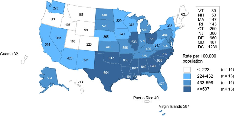 Figure I: Gonorrhea — Rates of Reported Cases Among Women 15–24 Years of Age by State, United States and Outlying Areas, 2014