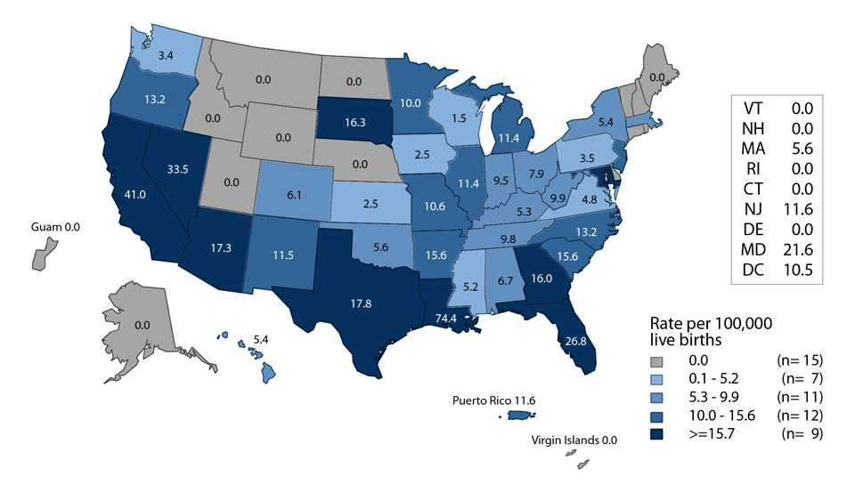 Figure I. United States map showing rates of reported cases of congenital syphilis among infants in 2016 by year of birth, state, and outlying areas (Guam, Puerto Rico, and Virgin Islands). Data provided in table 41.