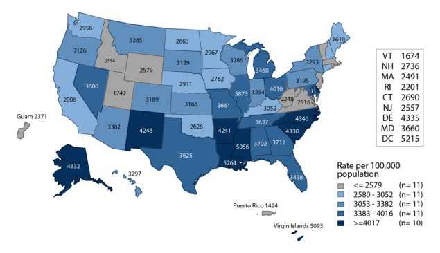 Figure J. United States map showing rates of reported cases of chlamydia among women aged 15 to 24 years in 2016 by state and outlying areas (Guam, Puerto Rico, and Virgin Islands). The data represented in this figure can be downloaded at www.cdc.gov/std/stats16/figures/OtherFigureData.zip.