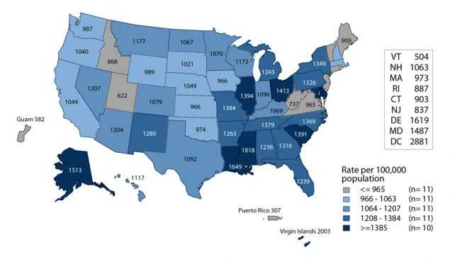 Figure K. United States map showing rates of reported cases of chlamydia among men aged 15 to 24 years in 2016 by state and outlying areas (Guam, Puerto Rico, and Virgin Islands). The data represented in this figure can be downloaded at www.cdc.gov/std/stats16/figures/OtherFigureData.zip.