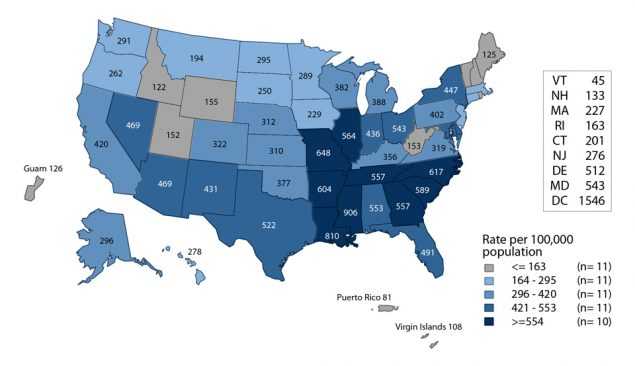 Figure M. United States map showing rates of reported cases of gonorrhea among men aged 15 to 24 years in 2016 by state and outlying areas (Guam, Puerto Rico, and Virgin Islands). The data represented in this figure can be downloaded at www.cdc.gov/std/stats16/figures/OtherFigureData.zip.