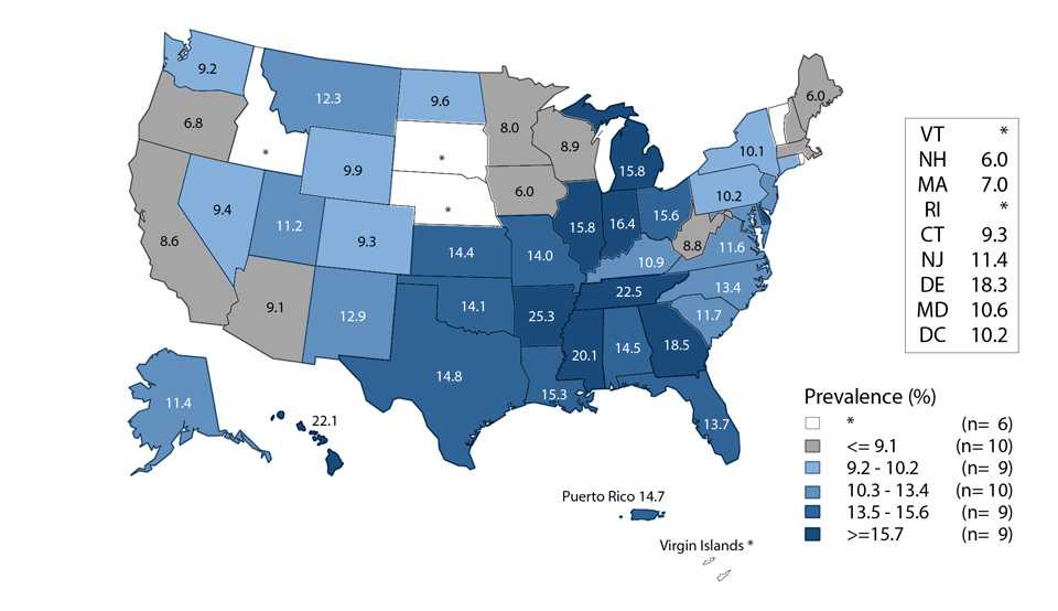 Figure N. United States map showing prevalence of chlamydia among women aged 16 to 24 years in the United States and outlying areas (Guam, Puerto Rico, and Virgin Islands) entering the National Job Training Program (NJTP) in 2016 by state of residence. The data represented in this figure can be downloaded at www.cdc.gov/std/stats16/figures/OtherFigureData.zip.