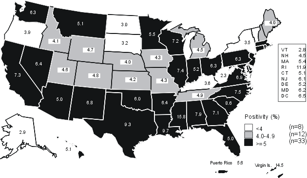 Chlamydia Â— Positivity among 15-24 year old women tested in family planning clinics by state, 2000