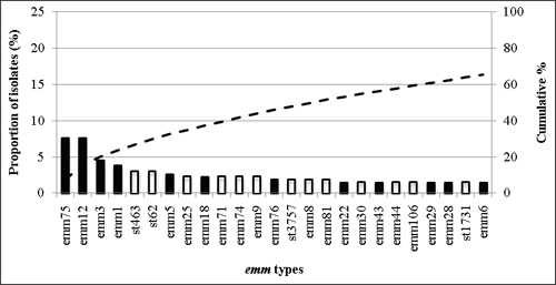 Fig 2-F: The 25 most common emm types contributing to pharyngeal disease in Africa: there were a total of 79 emm types. Emm75, emm12, emm3, emm1, st463, stt2, emm5, emm25, emm18, emm71, emm74, emm9, emm75, st3757, emm8, emm81, emm22, emm30, emm43, emm44, emm106, emm29, emm28, st1731, emm6.