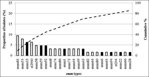 Fig 2-N: The 25 most common emm types contributing to skin disease in Latin America: there were a total of 34 emm types. Emm83, emm53, emm33, st2940, emm58, emm59, emm92, emm8, emm74, emm86, emm1, emm73, emm44, emm49, emm43, emm82, emm64, emm80, emm6, emm63, emm94, st204, emm22, emm66, emm28.