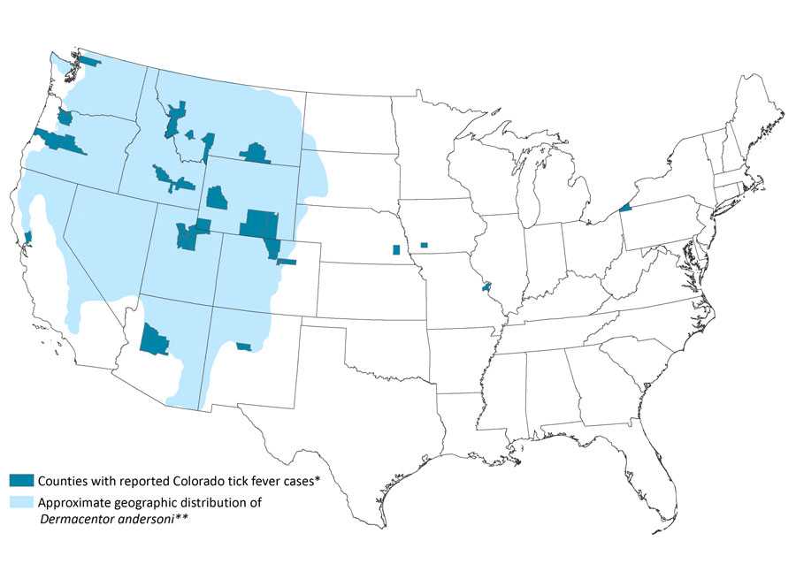 Approximate geographic distribution of Dermacentor andersoni ticks and counties of residence for laboratory-confirmed Colorado tick fever virus disease cases, United States, 2002–2012 - Cases are concentrated in the Western United States