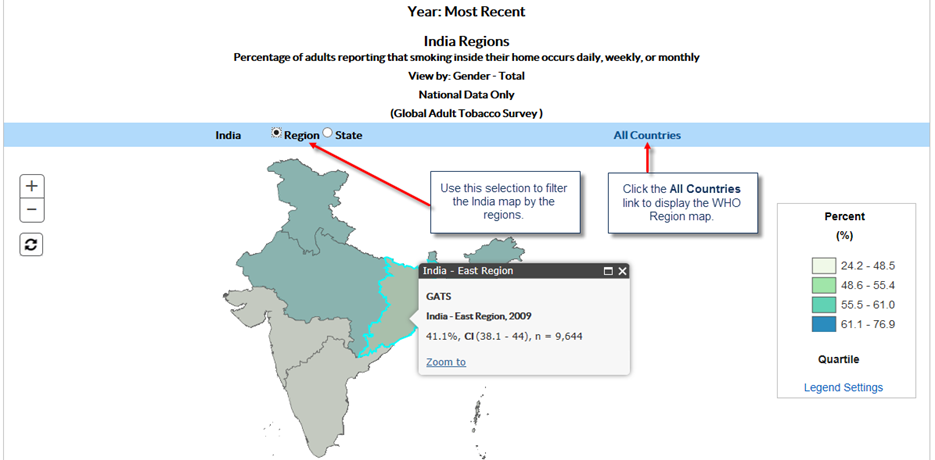 1. Use this selection to filter the India map by the regions. 2. Click the All Countries link to display the WHO Region map. 