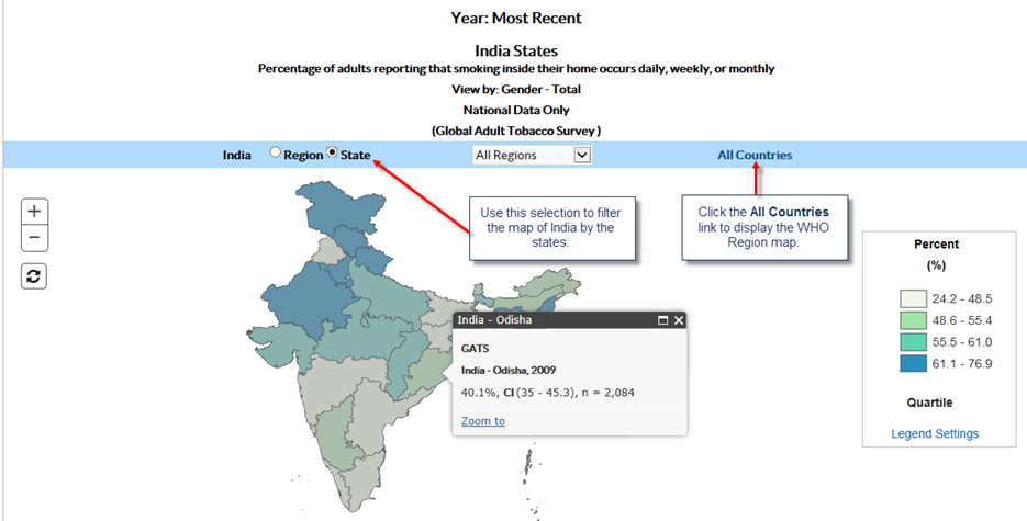 1. Use this selection to filter the map of India by the states. 2. Click the All Countries link to display the WHO Region map. 