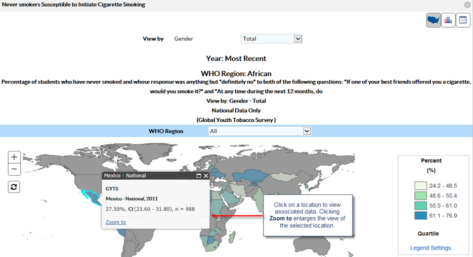 Click on a location to view associated data. Clicking 'Zoom to' enlarges the view of the selected location. 