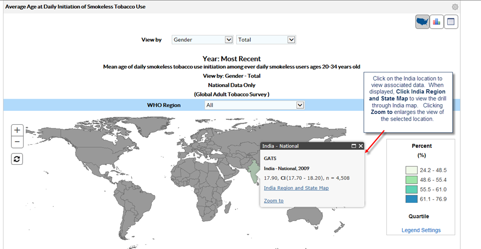 Click on the India location to view associated data. When displayed, click 'India Region and State Map' to view the drill through India map. Clicking 'Zoom to' enlarges the view of the selected location.