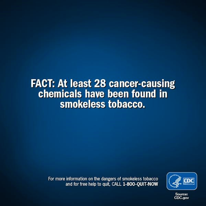 Image of text that states: Fact: At least 28 cancer-causing chemicals have been found in smokeless tobacco.