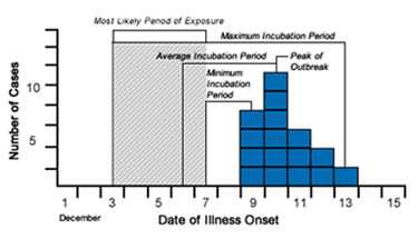 Epi curve depicting Cases of Shiga toxin-producing E coli by date of onset, Port Yourtown, December 2011. Epi curve identifies the peak of onset on the December 10th, the average incubation from December 6-10th, the minimum incubation period from December 7th to 9th, and the maximum incubation period from December 3rd to December 13th. The most likely period of exposure, December 3rd  to the 7th has been highlighted.