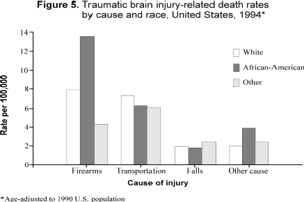 	Figure 5. Traumatic brain injury-related death rates by cause and race, United States, 1994