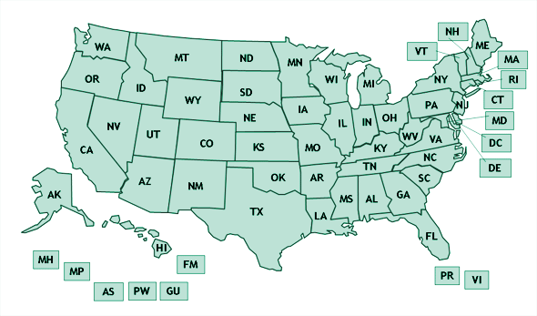 Map of the United States. Click on a state for more info on State Immunizations websites.