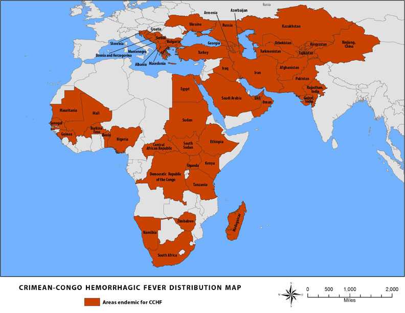 Distribution Map for Crimean-Cogngo Hemorrhagic Fever. Areas endecmic of CCHF are Azerbaijan, Benin, Bosnia and Herzegovina, Bulgaria, Burkina Faso, Central African Republic, Congo DRC, Croatia,Egypt, Ethiopia, Georgia, Greece, Guinea, Gujart India, Iran, Iraq, Kazakhstan, Kenya, Kyrgyzstan, Madagascar, Mauritania, Montenegro, Namibia, Nigeria, Oman, Pakistan, Rajasthan India, Russia, Saudi Arabia, Senegal, Serbia, Slovenia, South Africa, South Sudan, Sudan, Tajikistan, Tanzania, Macedonia, Turkey,  Turkmenistan, Uganda, Ukraine, United Arab Emirates, Uzbekistan, Xinjiang China, and Zimbabwe 