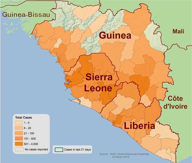 Distribution map showing districts and cities reporting suspect cases of Ebola