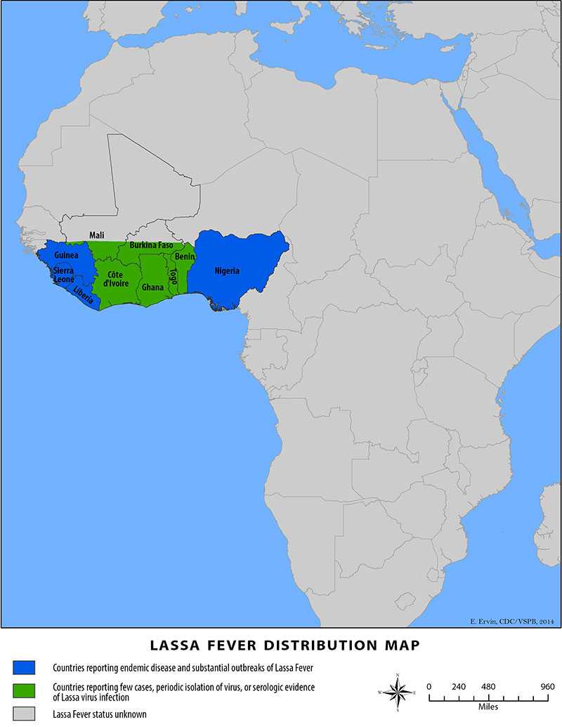 Lassa Fever distribution map.  Countries reporting endemic disease and substantial outbreaks are Guinea, Sierre Leone, Liberia, and Nigeria.  Countries reporting few cases, periodic isolation of virus, or serologic evidence of Lassa virus infection are Mali, Burkina Faso, Cote d'Ivoire, Ghana, Togo, and Benin.