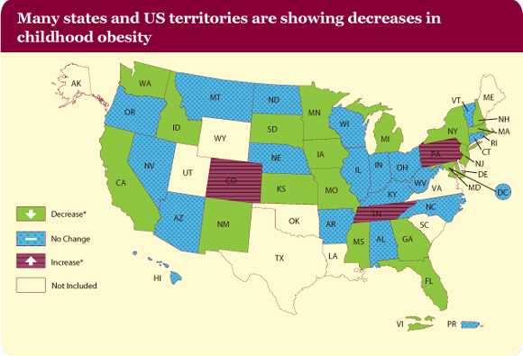 Many states and US territories are showing decreases in childhood obesity