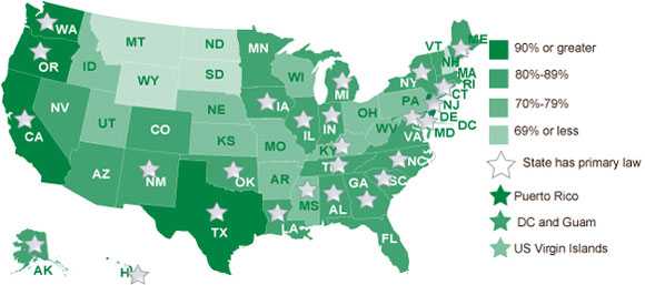 MThis map shows seat belt use by type of law in the US in 2008, with primary seat belt laws in 26 states, 3 territories and the District of Columbia.