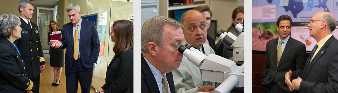 Senator Cassidy with CDC staff, Senator Dick Durban visiting a CDC laboratory, Rep. Tom Graves 