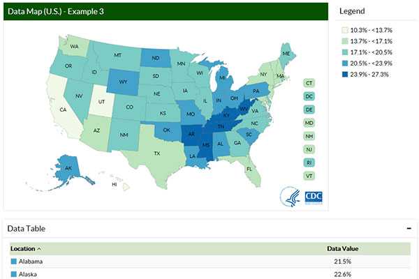 Screenshot of data map (United States) showing difference between equal interval and equal number settings.