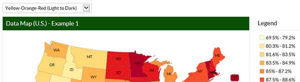 Screenshot of example data map with drop-down selector to change the color palette to see options.