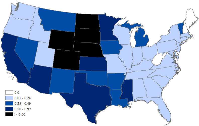 This map shows the incidence of human West Nile virus neuroinvasive disease (e.g., meningitis, encephalitis, or acute flaccid paralysis) by state for 2016 with shading ranging from 0.01-0.24, 0.25-0.49, 0.50-0.99, and greater than 1.00 per 100,000 population.