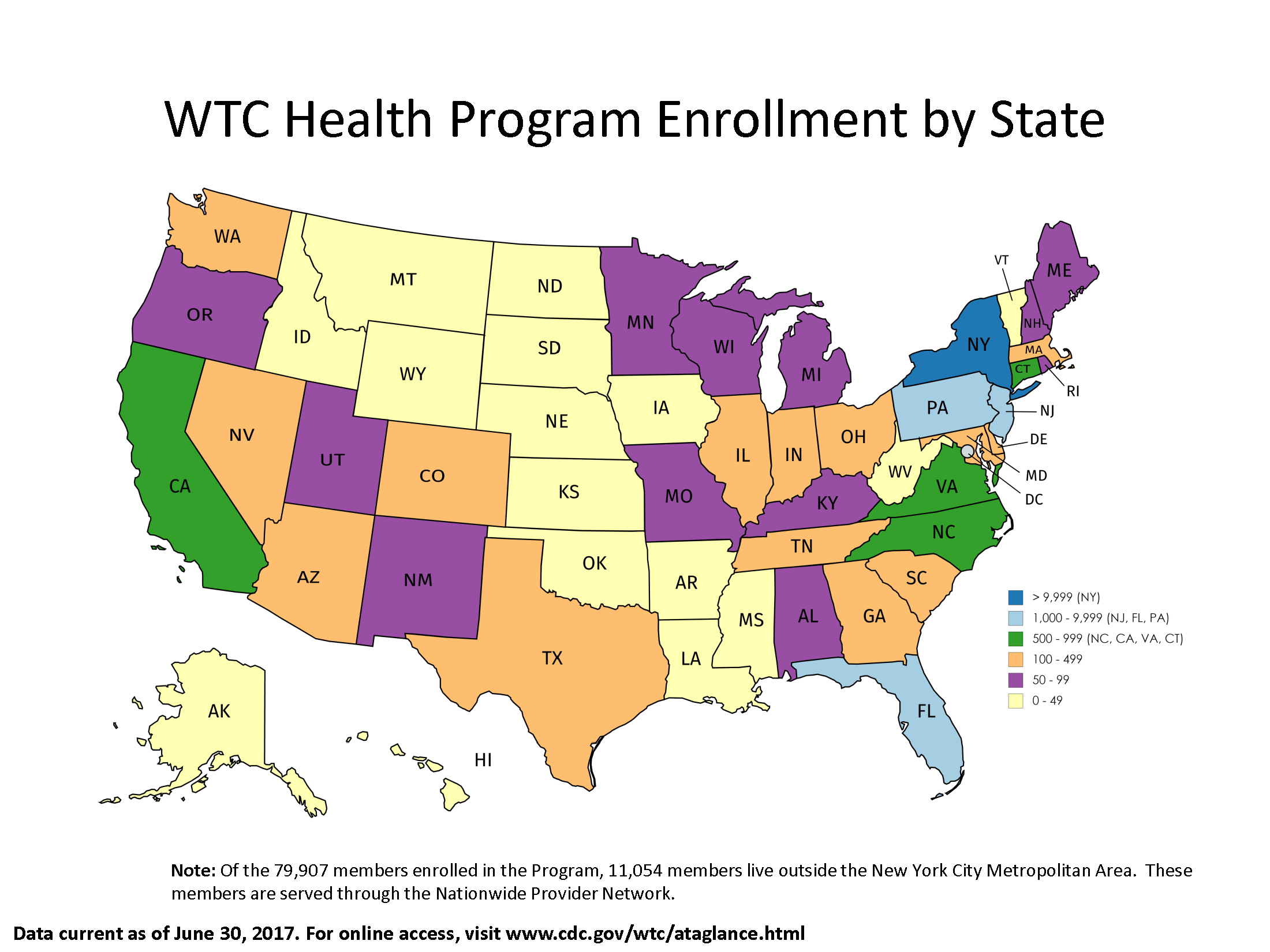 Map of the United States showing enrollment by state. 

Between 0 and 49 members live in the following states: 
Alaska
Arkansas
District of Columbia
Hawaii
Idaho
Iowa
Kansas
Louisiana
Mississippi
Montana
Nebraska
North Dakota
Oklahoma
South Dakota
Vermont
West Virginia
Wyoming

Between 50 and 99 members live in the following states:
Alabama
Kentucky
Maine
Michigan
Minnesota
Missouri
New Hampshire
New Mexico
Oregon
Rhode Island
Utah
Wisconsin

Between 100 and 499 members live in the following states:
Arizona
Colorado
Delaware
Illinois
Indiana
Georgia
Maryland
Massachusetts
Nevada
Ohio
South Carolina
Tennessee
Texas
Washington

Between 500 and 999 members live in the following states:
California
Connecticut
North Carolina
Virginia

Between 1000 and 5999 members live in the following states:
Florida
New Jersey
Pennsylvania

More than 5999 people live in the following states:
New York