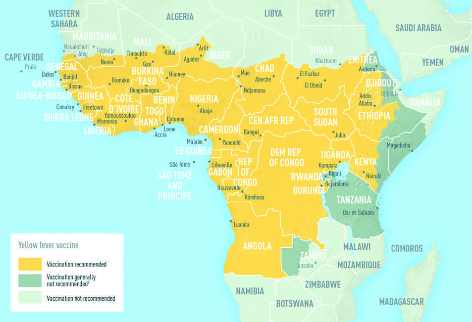 Map: Africa showing areas at risk for Yellow Fever Transmision in Angola, Tanzania, Democratic Republic of the Congo, Republic of the Congo, Gabon, Equatorial Guinea, Burundi, Rwanda, Uganda, Kenya, Somalia, Ethiopia, Central African Republic, Cameroon, Nigeria, Benin, Ghana, Cote d'Ivoire, Liberia, Sierra Leone, Guinea, Buinea-Bissau, The Gambia, Senegai, Burkina Faso, Togo, and parts of Mauritania, Mali, Niger, Chad, and Sudan.