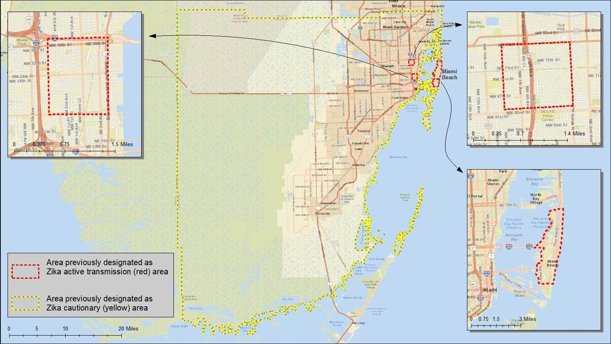 Areas in Miami, FL where Zika virus is being spread by mosquitoes