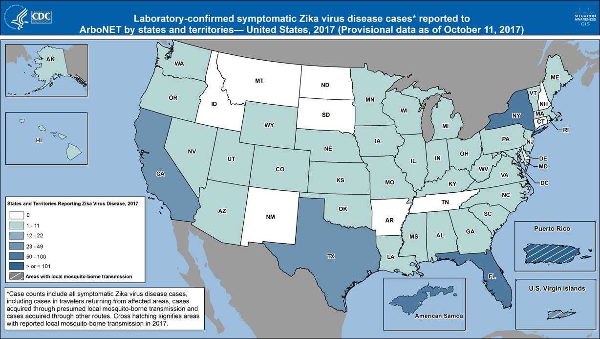 Map of laboratory-confirmed symptomatic Zika virus disease cases reported to ArboNET by states and territories